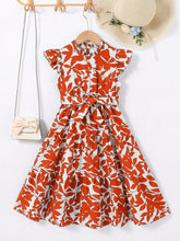Young Girl Chiffon Ditsy Ditsy Floral Ruffle Hem Sleeveless Dress With Stand Collar
